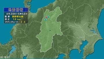 【地震】長野県北部を震源　大町市、小川村で震度1　マグニチュード2.3　震源の深さ約10キロ（4月20日午後3時54分ころ）