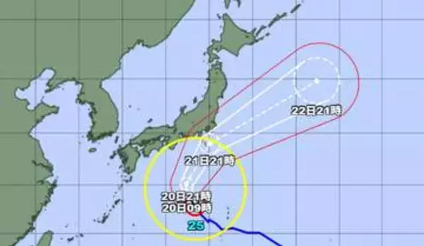 【台風情報】大型で強い台風25号の進路予想　19日午後9時現在、日本の南にあって毎時25キロで北北西へ　中心気圧970ヘクトパスカル、中心付近の最大風速35メートル、最大瞬間風速50メートル