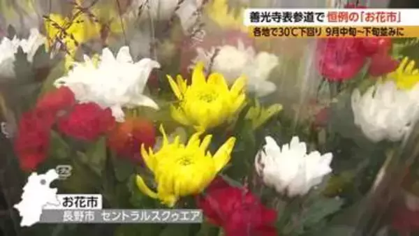 迎え盆を前に　善光寺表参道で恒例の「お花市」　先祖に供える色とりどりの盆花　「9月中旬～下旬並み」の過ごしやすい一日　12日の最高気温は長野27.3度、松本25.1度