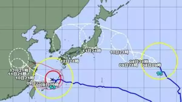 【台風情報】ダブル台風の今後の進路予想は　台風13号は沖縄本島の西北西にあって、9日（日）にかけて東シナ海を西寄りに進む見込み　台風15号は8日（土）午後9時には日本の東に達する見通し