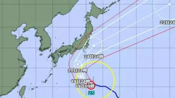 【台風情報】大型の台風25号の今後の進路予想は　18日午後9時、父島の南南西約200キロ　中心気圧975ヘクトパスカル　中心付近の最大風速30メートル、最大瞬間風速45メートル