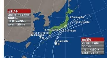 【台風情報】ダブル台風の進路予想は　非常に激しい雨の降る所もある見込み　関東甲信地方には台風8号は27日明け方～昼前にかなり接近、上陸する可能性　台風7号は27日夕方～夜遅くに接近
