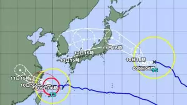 【台風情報】ダブル台風の今後の進路予想は　台風15号は11日（火）午後3時には三陸沖に達する予報　台風15号は9日（日）午前6時には東シナ海に達する予報