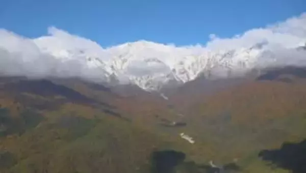 「三段紅葉」白い雪・紅葉・緑　長野県白馬村