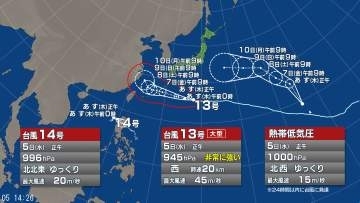 【台風情報】熱帯低気圧“台風のたまご”発生　トリプル台風の可能性　現在、台風13号・台風14号が日本の南に