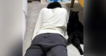 同じ体勢で寝転がっていた猫とお兄ちゃん→仲良く眠っているのかなと思ったら…予想外の『尊すぎる瞬間』に「ぎゃわいい」「あまりにも仲良し」