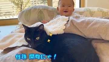 遊びに夢中な赤ちゃん→『体勢を崩して倒れたら、黒猫が…』まさか優しすぎる光景に「ステキな光景」「優しいお兄さん」の声 9万再生突破