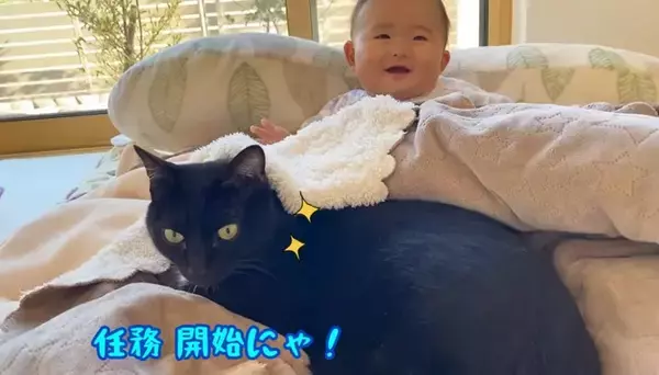 遊びに夢中な赤ちゃん→『体勢を崩して倒れたら、黒猫が…』まさか優しすぎる光景に「ステキな光景」「優しいお兄さん」の声 9万再生突破