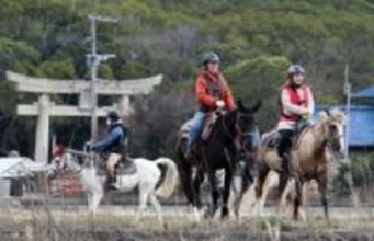 福岡・宗像大社へ馬に乗ってお参り　乗馬クラブ主催の「幸先詣」人気