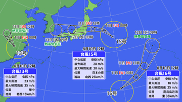 【10日の天気】日本周辺にトリプル台風　15号は、あす(火)関東～東北南部へ
