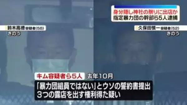 身分隠し神社の祭りに出店か　指定暴力団の幹部ら5人逮捕