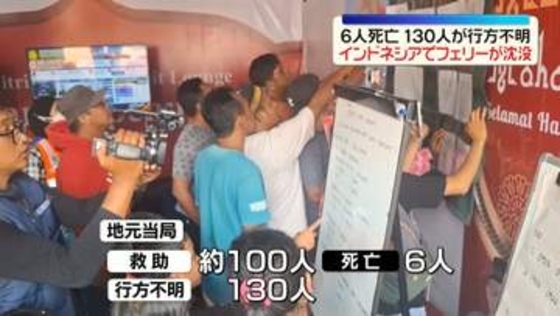 インドネシアのジャワ海でフェリー沈没　6人死亡、130人が行方不明