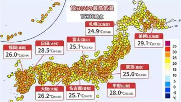 【12日の天気】北海道で30℃に迫る暑さ　九州は天気下り坂