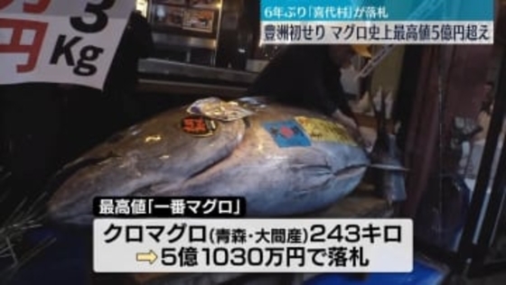 豊洲初競り　マグロ史上最高値5億円超え　「すしざんまい」運営の喜代村が6年ぶり落札