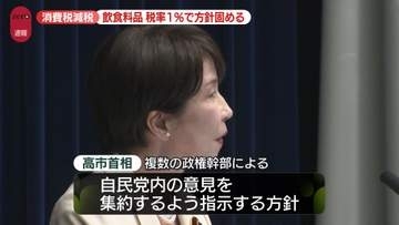 【速報】飲食料品の消費減税　来年4月から2年間、税率1％に引き下げる方針固める