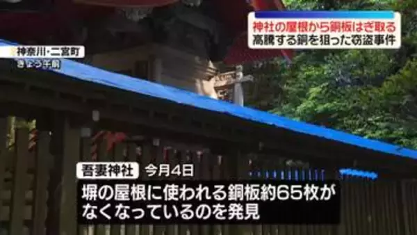神社の屋根から銅板盗まれる…約200キロ　高騰する銅狙ったか