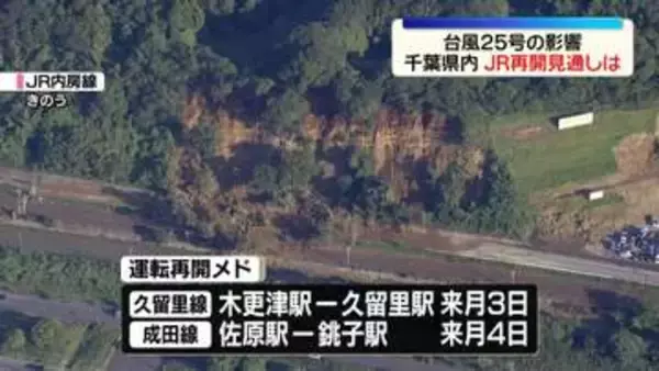 台風25号の影響…千葉県内のJR再開見通しは　内房線「木更津～安房鴨川」は26日始発から運転再開
