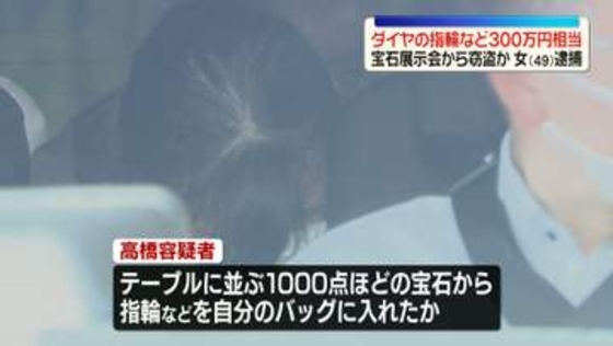「店にいってみたら欲しくなった」ダイヤモンドの指輪など約300万円相当窃盗か　49歳女を逮捕　宝石の展示会で