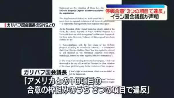 停戦合意「3つの項目で違反」イラン国会議長が声明