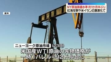 NY原油が高値水準　一時1バレル＝92ドル台　約1か月半ぶり　紅海攻撃や米イラン応酬激化で