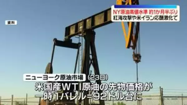 NY原油が高値水準　一時1バレル＝92ドル台　約1か月半ぶり　紅海攻撃や米イラン応酬激化で