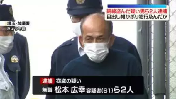 目出し帽かぶり…電気工事会社から銅線ケーブル盗んだか　無職の男2人逮捕