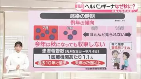 “夏に流行”ヘルパンギーナ、今年は秋も感染する人相次ぐ　発症の9割は5歳以下の子ども　注意することは？【#みんなのギモン】