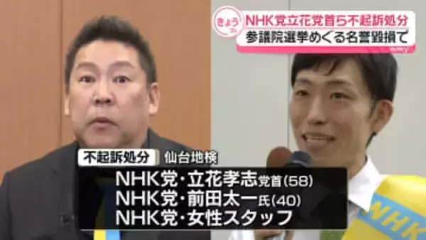 NHK党の立花党首ら3人不起訴　参院選で対立候補の名誉毀損疑い
