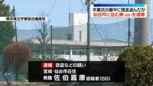 県立高校の卒業式中に生徒の財布から現金盗んだか　男（68）を逮捕　栃木