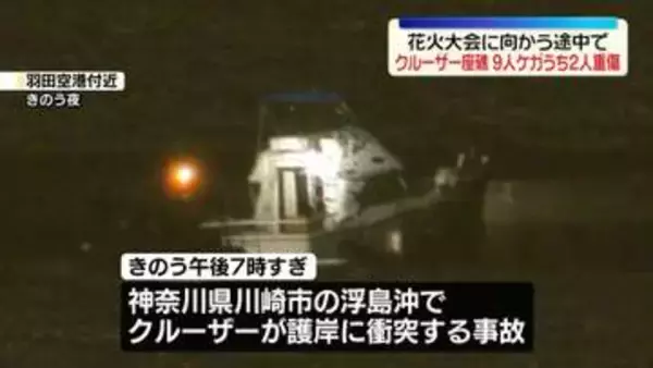 羽田空港近くの沖合でクルーザー座礁　9人ケガ、うち2人重傷　横浜港の花火大会に向かう途中で