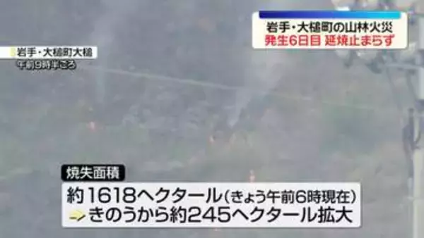 岩手・大槌町の山林火災で延焼続く　焼失面積約1618ヘクタールに