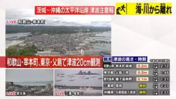 和歌山・串本町袋港で0.2メートル　与那国島・久部良、三重・熊野市遊木で数センチ程度の津波観測