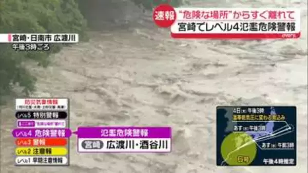 宮崎・酒谷川と広渡川にレベル4氾濫危険警報　宮崎の一部に避難指示