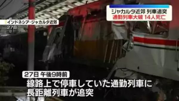 インドネシア首都近郊で列車追突　通勤列車が大破　少なくとも14人死亡、84人ケガ