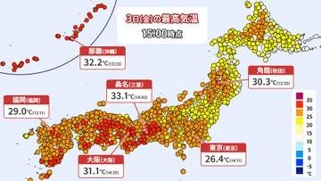 【3日の天気】東海～九州・沖縄では真夏日続出　九州は夜間に再び大雨のおそれ