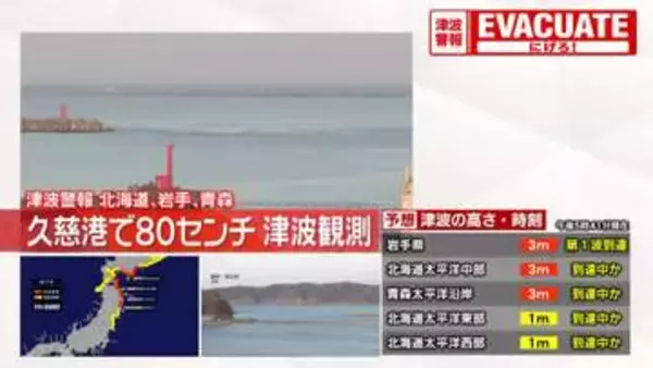 【震度5強】津波観測情報　岩手・久慈港で80cm
