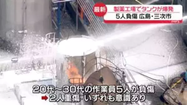 製薬工場でエタノール入ったタンク爆発　5人負傷　広島・三次市