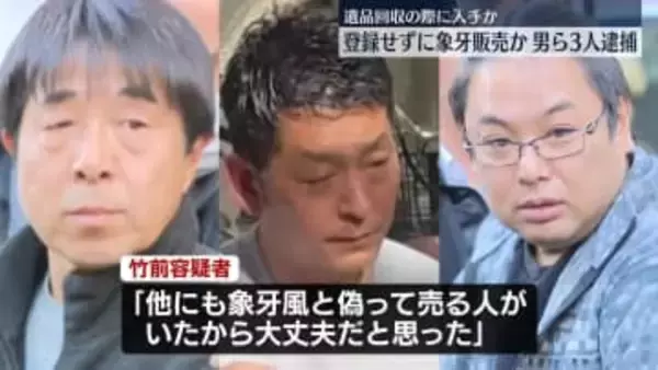 “国に登録せずアフリカゾウの象牙を販売”遺品回収業者代表の男ら3人逮捕