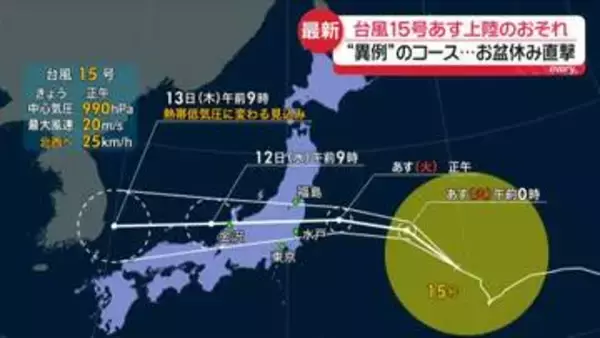 台風15号　あす関東や東北南部に上陸のおそれ　“異例”のコース…お盆休み直撃