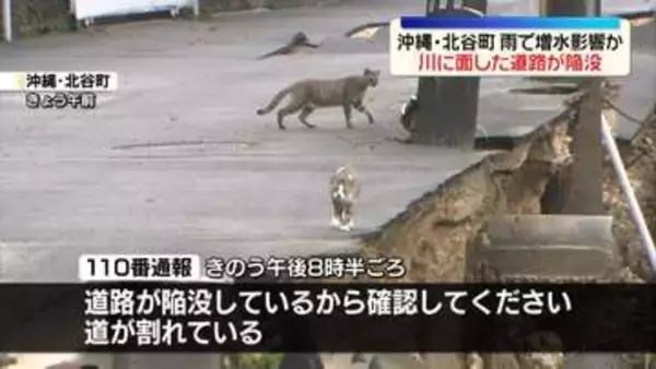 沖縄で道路陥没　雨による川の増水が影響か