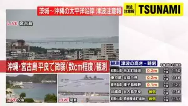 宮古島平良で数センチ程度の津波観測