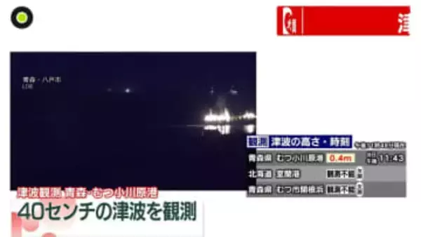 青森・むつ小川原港で0.4メートルの津波観測（23:48）