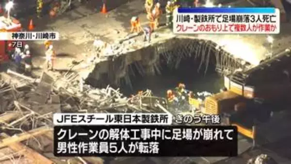 クレーンのおもり上で複数人が作業か　警察は業務上過失致死傷の疑いも視野に捜査の方針　川崎・足場崩落3人死亡