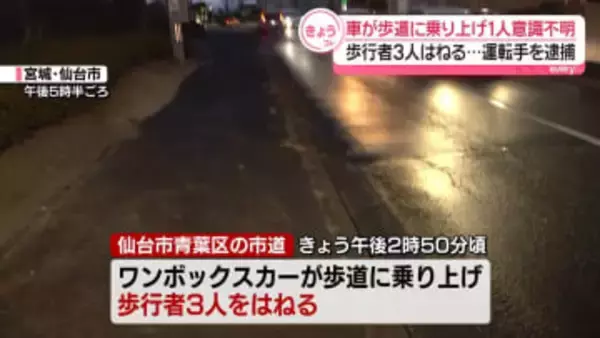 車が歩道に乗り上げ3人はねる　20代男性が意識不明の重体　宮城・仙台市