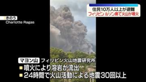 フィリピン・ルソン島で火山が噴火　住民10万人以上が避難