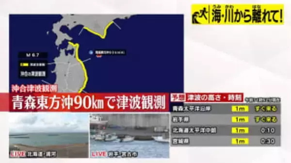 青森東方沖90キロで午前11時51分に津波観測（微弱、数センチ程度）