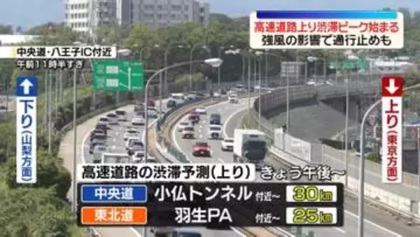 高速道路上り、午後から渋滞予想　東京湾アクアラインは強風影響で通行止めに