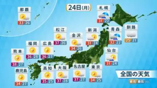 【あすの天気】東北南部～沖縄は広範囲で晴れ　北海道や東北北部は午後に雨の降る所多く
