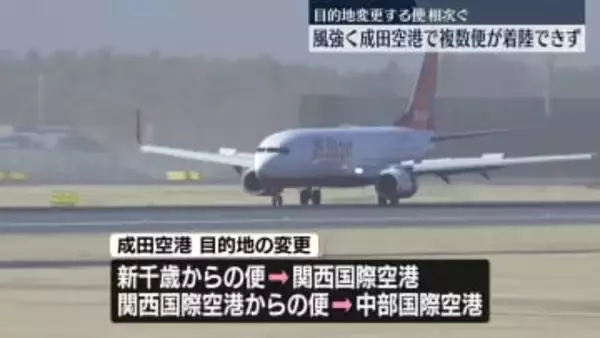 強風の影響　成田空港に着陸できず、目的地変更する便が相次ぐ