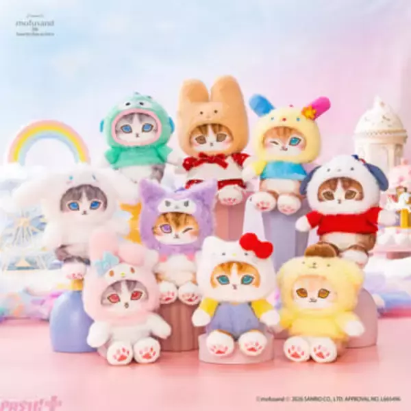 mofusandとサンリオによる夢のコラボ第3弾が決定！ 「遊園地へおでかけ」がテーマのかわいいぽてふわマスコットやぷっくりシールが登場